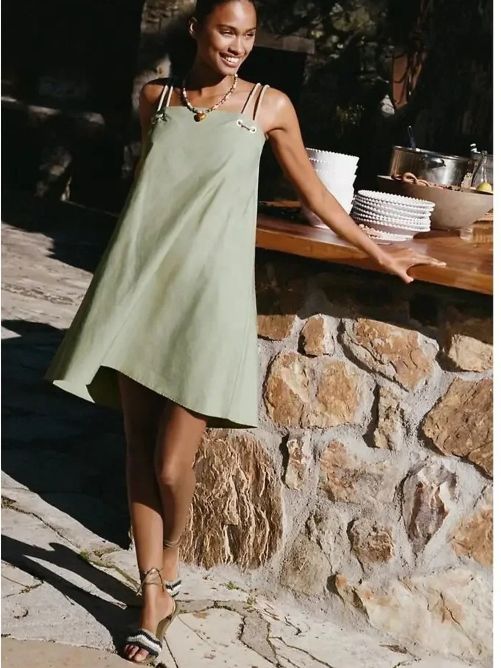 Anthropologie Sage Green Double Rope Strap A-Line Swing Mini Dress Boho Casual M
